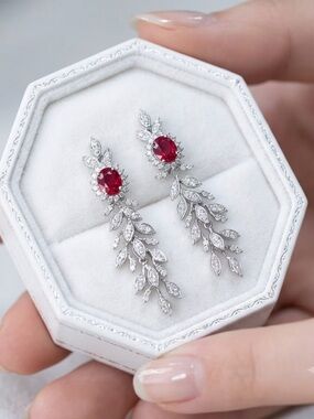 Red Stone Silver Leaf Drop Earrings - Luxury Evening Jewelry